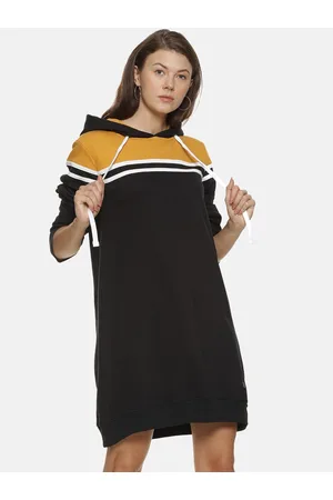 Campus Women Black & Mustard Yellow Colourblocked Hooded Longline T-Shirt Dress