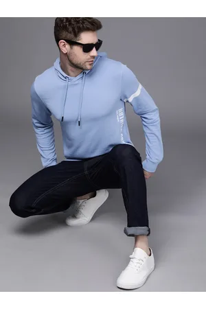 WROGN Men Blue Placement Printed Hooded Sweatshirt