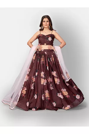 SHOPGARB Brown & Peach-Coloured Printed Semi-Stitched Lehenga & Unstitched Blouse With Dupatta