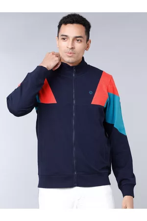 LocoMotive Men Navy Blue & Orange Colourblocked Sweatshirt