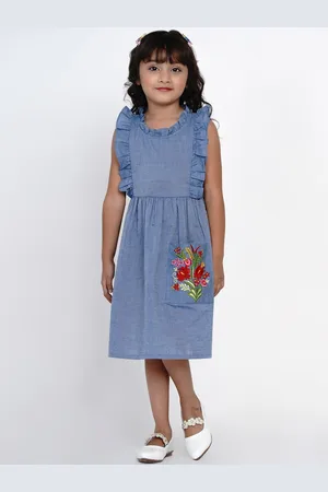 Bhama Girls Blue Solid Fit and Flare Dress