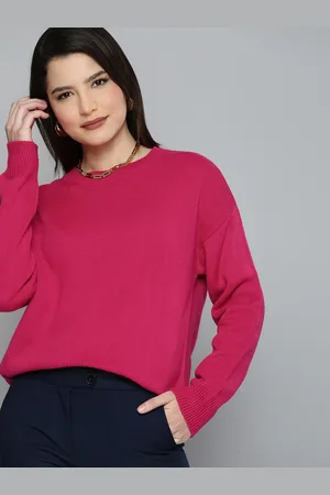 Chemistry Women Bright Pink Round Neck Full Sleeved Self Design Pullover Sweater