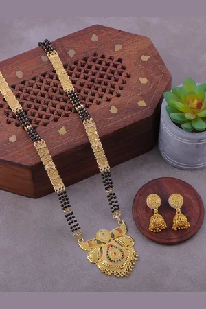 Brandsoon Gold-Plated Black Beaded Mangalsutra With Earrings
