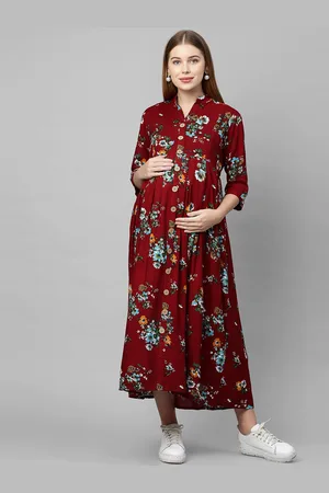MomToBe Women Maroon & White Floral Maternity Nursing Maxi Dress