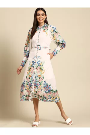FASHOR Women White & Blue Floral Print Shirt Style Bishop Sleeves Midi Dress with Belt