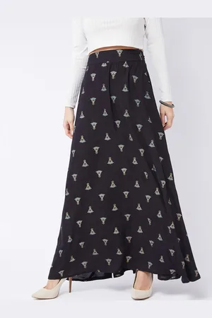 InWeave Women Black Printed A-Line Flared Maxi Skirt