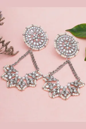 karatcart Silver-Plated Oxidised Kundan Studded Floral Chandbali Earrings