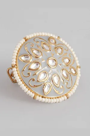 I Jewels Women Grey & White Meenakari Gold Plated Adjustable Finger Ring
