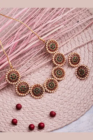 ATIBELLE Gold-Plated Maroon Kundan Stone-Studded Jewelley Set