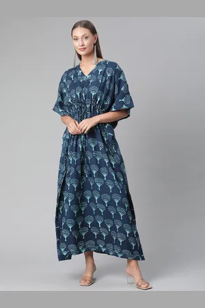 Divena World Women Navy Blue Floral Printed Flared Sleeves Floral Kaftan Kurta