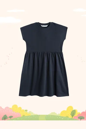 M&H Girls Navy Blue Solid Cotton Fit & Flare Dress