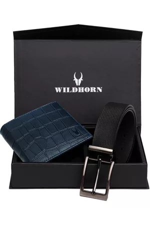 WildHorn Men Blue & Black RFID Protected Genuine Leather Accessory Gift Set
