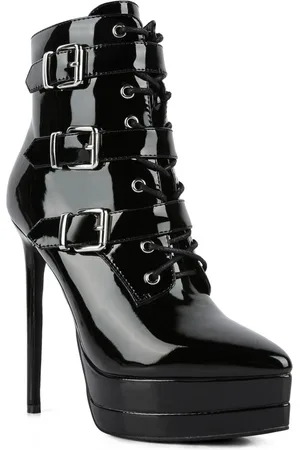 women black buckle strap detailed high heel ankle boots