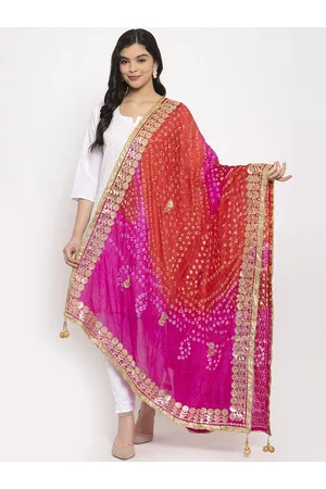 Clora Creation Pink & Red Dyed Bandhani Gotta Patti Silk Dupatta