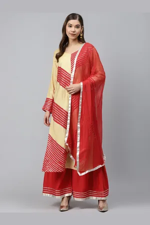 Chhabra 555 Women Beige & Red Striped Gotta Patti Kurta with Sharara & Dupatta