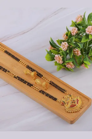 Brandsoon Gold-Plated & Black Beaded Mangalsutra With Earring