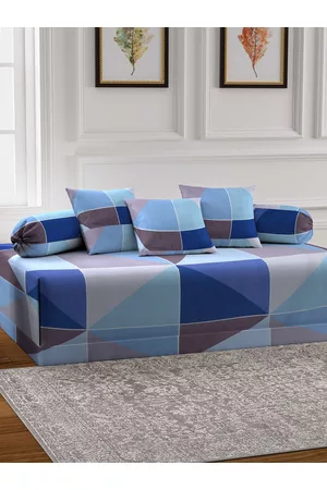 Arrabi Set Of 6 Blue & Brown Geometric Printed Diwan Set