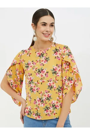 Harpa Women Mustard Printed Styled Back Top