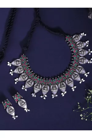Yellow Chimes Women Silver & Black Silver-Plated Oxidised Lakshmi Necklace With Earrings