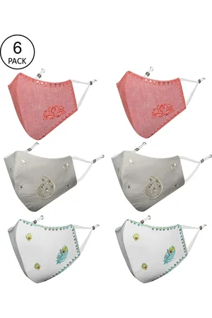 Masq Women Pack of 6 Embellished 4-Ply Reusable Pure Cotton Cloth Masks