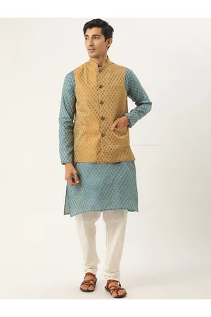 SOJANYA Men Teal Blue & Mustard Yellow Ethnic Motifs Kurta with Churidar & Nehru Jacket