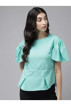 Cayman Turquoise Blue Solid Flared Sleeves A-line Top