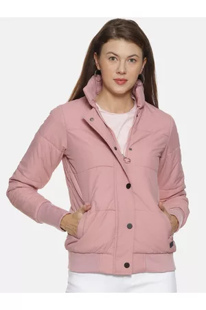 Campus Women Pink Windcheater Crop Bomber Jacket