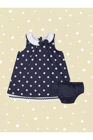 Mothercare Infant Girls Navy Blue & White Polka Dots Printed Pure Cotton A-Line Dress