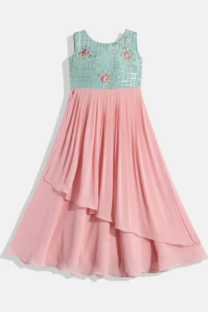Ethnovog Girls Pink Blue Made To Measure Floral Embroidered Georgette A-Line Dress