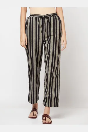 Fabindia Women Black Striped Loose Fit Cotton Trousers