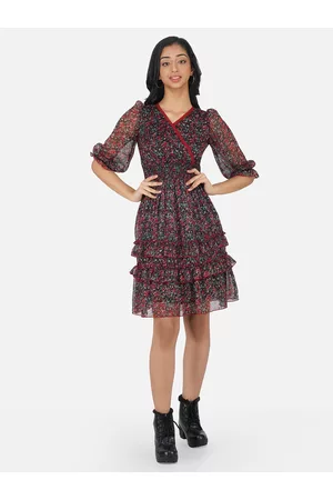 Antheaa Girls Black Printed Chiffon Smocked Tiered Wrap Dress