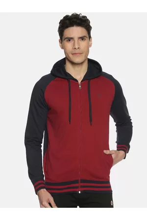 dollar Men Navy Blue & Red Colourblocked Hooded Sweatshirt