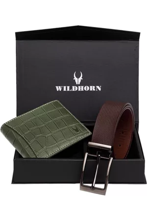 WildHorn Men Green & Brown RFID Protected Genuine Leather Accessory Gift Set