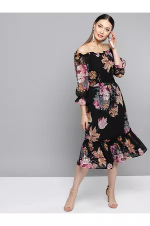 Rare Fashion Black & Pink Floral Printed A-Line Dress
