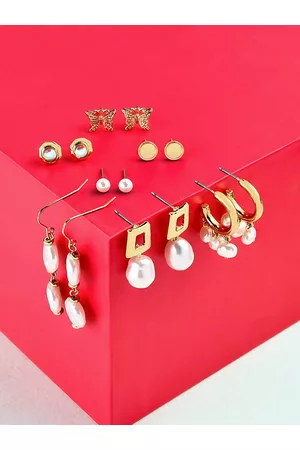 Ami Set Of 7 Gold Tone Contemporary Stud Drop & Semi-Hoops Earrings