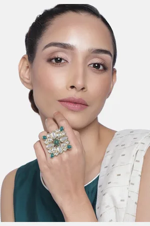 ESTELE Women White & Green Gold-Plated Polki Kundan & Cabochons Finger Ring