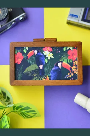 Artklim Woman Brown & Multicoloured Printed Wooden Clutch