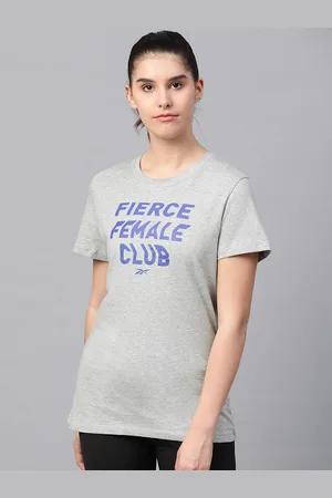 Reebok Women Grey Melange TE Graphic Fierce Pure Cotton Printed Training Pure Cotton T-shirt