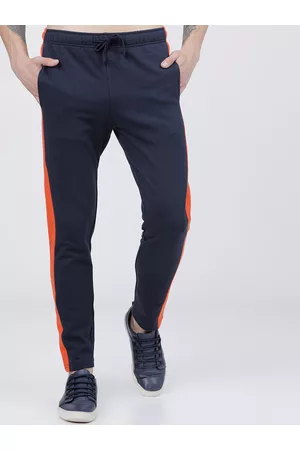 LocoMotive Men Navy Blue & Orange Colourblocked Slim-Fit Track Pants