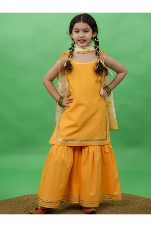 Tiber Taber Girls Yellow Striped Pleated Pure Cotton Kurta with Sharara & With Dupatta