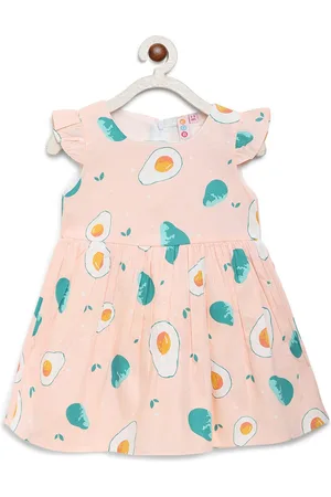 Kids On Board Peach-Coloured & Green Printed Fit & Flare Dress