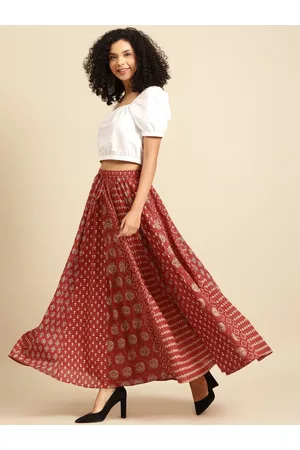 anayna Maroon & Beige Printed Pure Cotton Maxi Flared Skirt