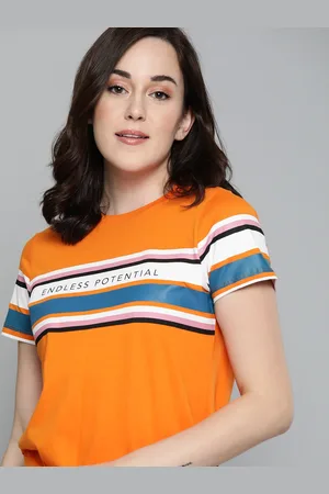 HARVARD Women Orange & Teal Blue Pure Cotton Striped Round Neck T-shirt