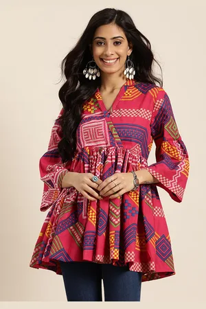 Sangria Pink & Blue Geometric Printed Bell Sleeves Pure Cotton A-line Top