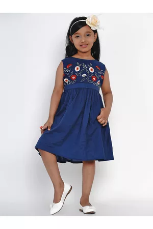Bhama Girls Blue Embroidered Fit and Flare Dress