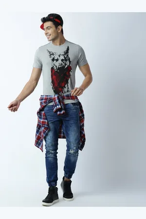 Huetrap Men Grey Melange Printed Round Neck T-Shirt