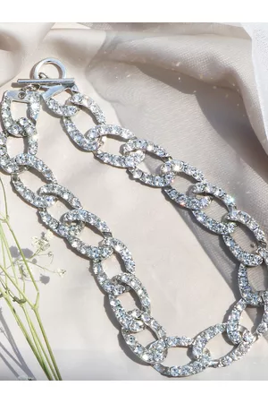 Joker & Witch Silver-Toned Michele Silver Rhinestone Studded Link Chain Choker Necklace
