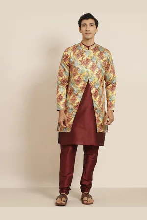 SOJANYA Men Maroon & Mustard Yellow Solid Kurta with Churidar & Ethnic Printed Jacket