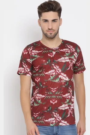 Hangup Men Rust Brown & Green Printed Henley Neck T-shirt