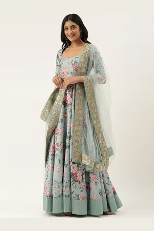 Ethnovog Women Grey Green Floral Printed Made To Measure Kurta with Trousers Dupatta